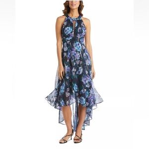 NEW Nightway Dress Size 4 Blue Purple Black Floral Halter Top Night Way High Low